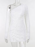 Momyknows Elegant White Side Slit Irregular Oblique Shoulder Lace Striped Bodycon Party Babyshower Maternity Mini Dress