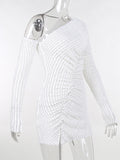 Momyknows Elegant White Side Slit Irregular Oblique Shoulder Lace Striped Bodycon Party Babyshower Maternity Mini Dress