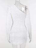 Momyknows Elegant White Side Slit Irregular Oblique Shoulder Lace Striped Bodycon Party Babyshower Maternity Mini Dress