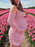 Momyknows Pink Mesh Ruched Rhiestone Diamonds Ruffle Off Shoulder Sweet Maternity Photoshoot Baby Shower Mini Dress