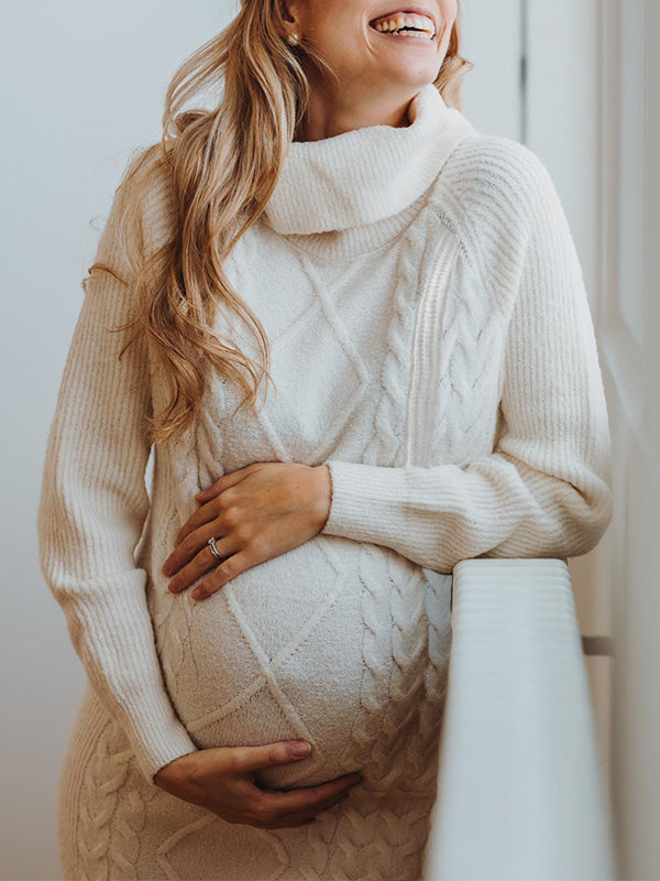 Momyknows Beige Knitted High Neck Casual Daily Oversized Maternity Photoshoot Baby Shower Mini Dress