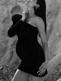 Momyknows Sequin One Shoulder Bodycon Irregular Long Sleeve Party Evening Maternity Mini Dress