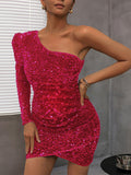 Momyknows Sequin One Shoulder Bodycon Irregular Long Sleeve Party Evening Maternity Mini Dress