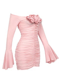 Momyknows Pink Off Shouler Ruched 3D Flowers Flare Sleeve Gender Reveal Baby Girl Shower Photoshoot Maternity Mini Dress