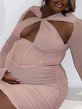 Momyknows Pink Cut Out Halter Neck Fishbone Ruched Bodycon Gender Reveal Cute Baby Shower Maternity Mini Dress