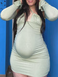 Momyknows Off Shoulder Halter Neck Flare Sleeve Ruched Bodycon Photoshoot Cute Baby Shower Maternity Mini Dress
