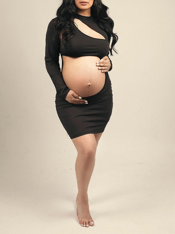 Momyknows Cut Out Band Neck Long Sleeve Fashion Bodycon Baby Shower Photoshoot Maternity Mini Dress