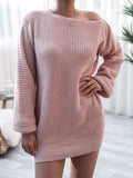 Momyknows Oblique Shoulder Lantern Sleeve Solid Color Elegant Gender Reveal Baby Shower Maternity Sweater Dress