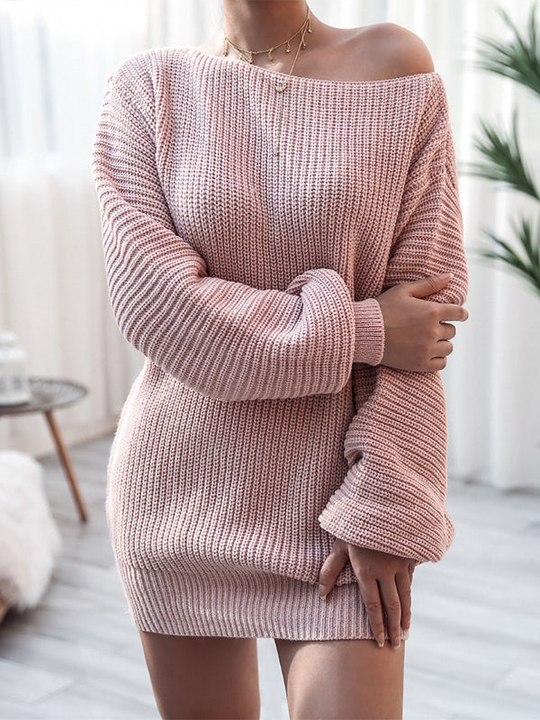 Momyknows Oblique Shoulder Lantern Sleeve Solid Color Elegant Gender Reveal Baby Shower Maternity Sweater Dress