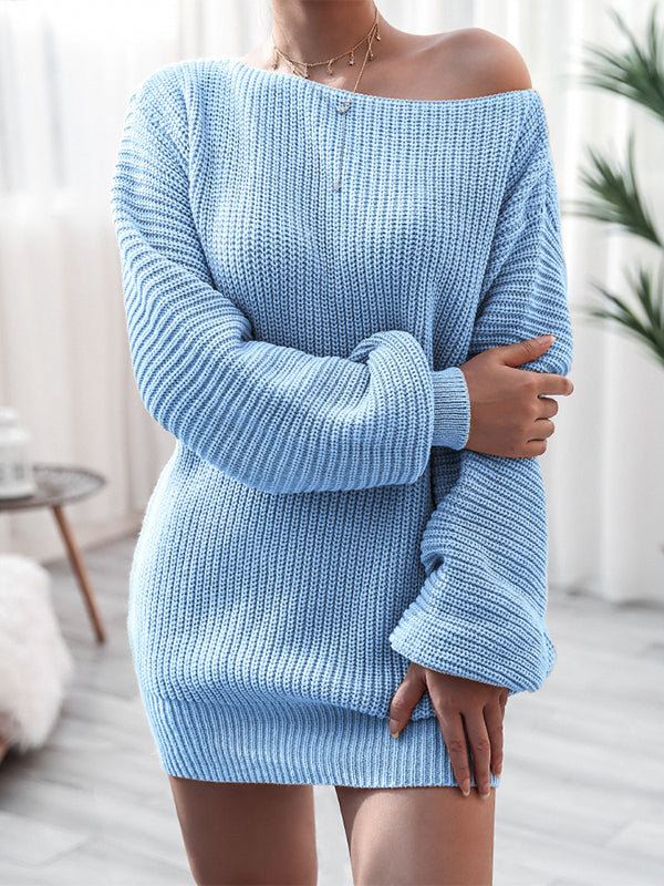 Momyknows Oblique Shoulder Lantern Sleeve Solid Color Elegant Gender Reveal Baby Shower Maternity Sweater Dress