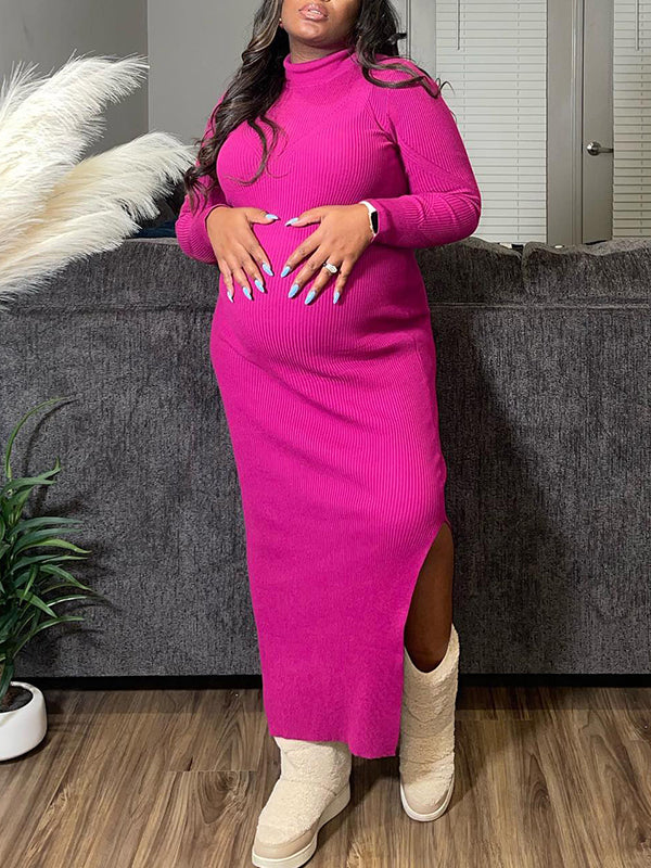 Momyknows Rose Carmine Knitting Side Slit High Neck Long Sleeve Bodycon Sweater Baby Shower Maternity Maxi Dress