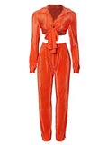 Momyknows Chic Orange Two Piece Ruffle Knot Bare Waist Daily Babyshower Blouses Maternity Top&Pants