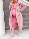 Momyknows Pink Fluffy Pockets Belt Turndown Collar Oversized Faux Fur Coat Elegant Going Out Winter Teddy Coat Maternity Outerwear