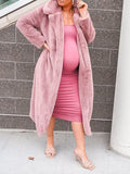 Momyknows Pink Fluffy Pockets Belt Turndown Collar Oversized Faux Fur Coat Elegant Going Out Winter Teddy Coat Maternity Outerwear