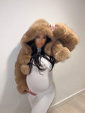 Momyknows Khaki Hooded Fluffy Trendy Plus Size Pregrant Faux Fur Coat Maternity Outerwear
