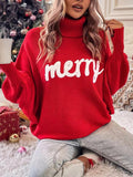 Momyknows Merry Christmas Print Knitted High Neck Dolman Sleeve Cozy Oversized Christmas Holiday Chic Maternity Sweater