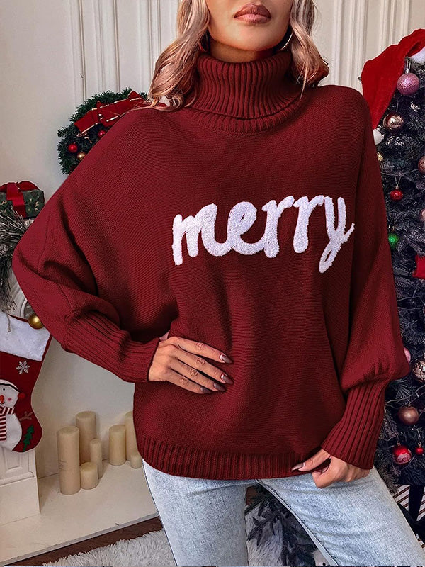 Momyknows Merry Christmas Print Knitted High Neck Dolman Sleeve Cozy Oversized Christmas Holiday Chic Maternity Sweater