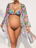 Momyknows Tropical Print Halter Triangle Bikini Swimsuit With Kimono Beach Fashion Maternity Swimwear