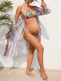 Momyknows Tropical Print Halter Triangle Bikini Swimsuit With Kimono Beach Fashion Maternity Swimwear