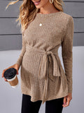 Momyknows Khaki Belted Round Neck Long Sleeve Daily Maternity Ribbed Knit Knot Front Tee