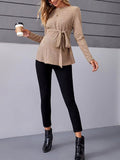 Momyknows Khaki Belted Round Neck Long Sleeve Daily Maternity Ribbed Knit Knot Front Tee