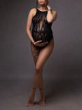 Momyknows Black Lace Rhinestones Sparkly Transparent Bodycon Cutout Back Pregnancy Photo Shoot Bodysuit Maternity Jumpsuit