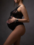 Momyknows Black Lace Rhinestones Sparkly Transparent Bodycon Cutout Back Pregnancy Photo Shoot Bodysuit Maternity Jumpsuit