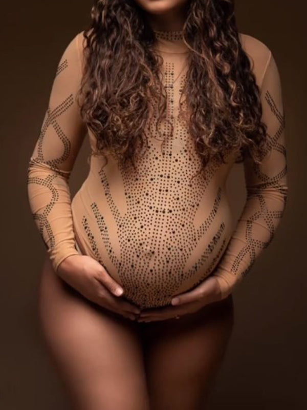 Momyknows Chic Apricot Rhinestones Sparkly Transparent Bodycon Pregnancy Photoshoot Bodysuit Maternity Mini Jumpsuit