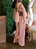 Momyknows Pink Slit Cape Sleeve Backless Wide Leg Gender Reveal Baby Shower Evening Maternity Romper Jumpsuit