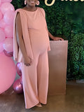 Momyknows Pink Slit Cape Sleeve Backless Wide Leg Gender Reveal Baby Shower Evening Maternity Romper Jumpsuit