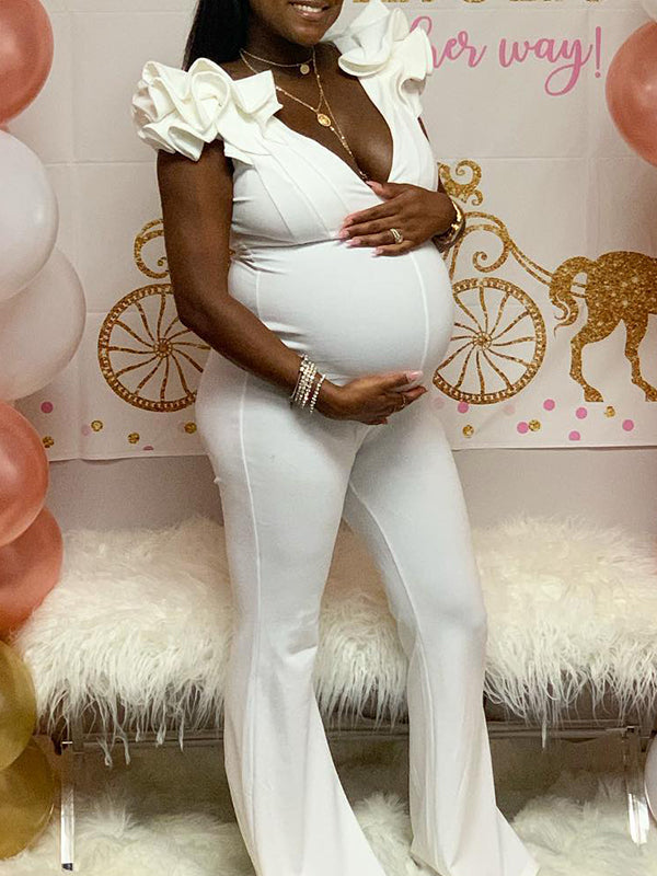 Momyknows White Belly Friendly Bodycon Flare Bell Bottom Sleeveless Babyshower Maternity Jumpsuit
