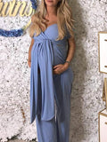 Momyknows Blue Convertible Multi Way Wrap Off Shoulder Wide Leg Elegant Baby Shower Party Long Jumpsuit
