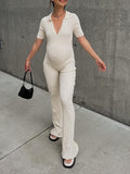 Momyknows Cream Knitted Polo V-Neck Short Sleeve Going Out Wide Leg Babyshower Maternity Jumpsuit