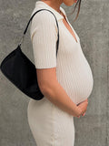 Momyknows Cream Knitted Polo V-Neck Short Sleeve Going Out Wide Leg Babyshower Maternity Jumpsuit