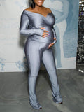 Momyknows Grey Off Shoulder Solid Color Finger Hole Sleeve Flare Bell Bottom Baby Shower Evening Maternity Romper Jumpsuit