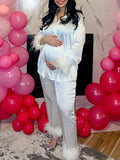 Momyknows White Feather Splicing Single Breasted Two Piece Polo V-Neck Party Maternity Jumpsuit
