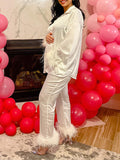 Momyknows White Feather Splicing Single Breasted Two Piece Polo V-Neck Party Maternity Jumpsuit