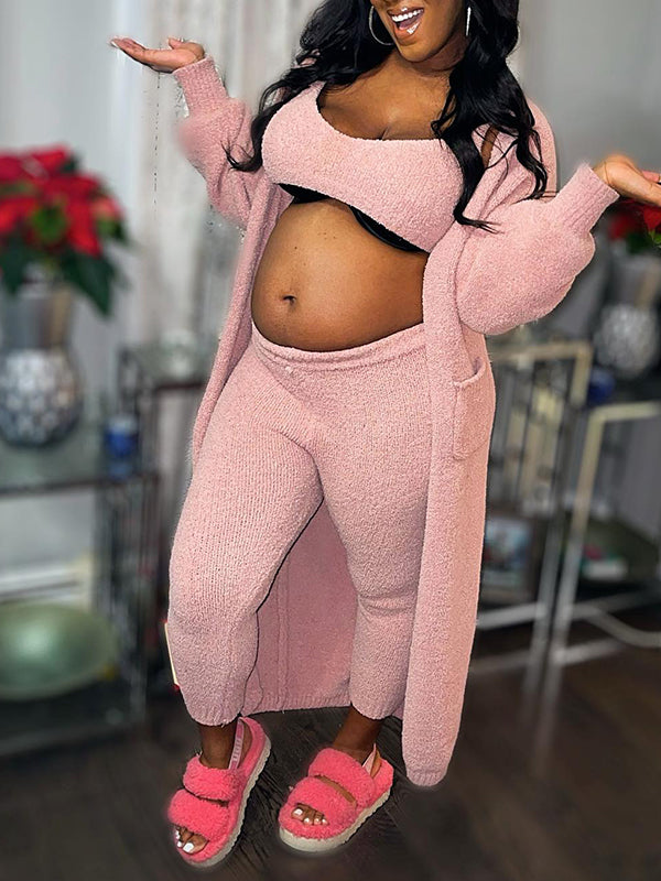 Momyknows Belly Friendly Fuzzy Cardigan Crop Tank Tops 3 Piece Sweatsuit Babyshower Maternity Jumpsuit