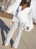 Momyknows White Lace Ruffle Belly Friendly V-neck Flare Sleeve Cropped Elegant Photoshoot Maternity Baby Shower Jumpsuit
