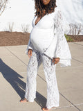 Momyknows White Lace Ruffle Belly Friendly V-neck Flare Sleeve Cropped Elegant Photoshoot Maternity Baby Shower Jumpsuit