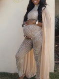 Momyknows Apricot Sparkle Rhinestone Mesh Diamonds Cape Sleeve Bodycon Elegant Cocktail Maternity Photoshoot Baby Shower Party Jumpsuit