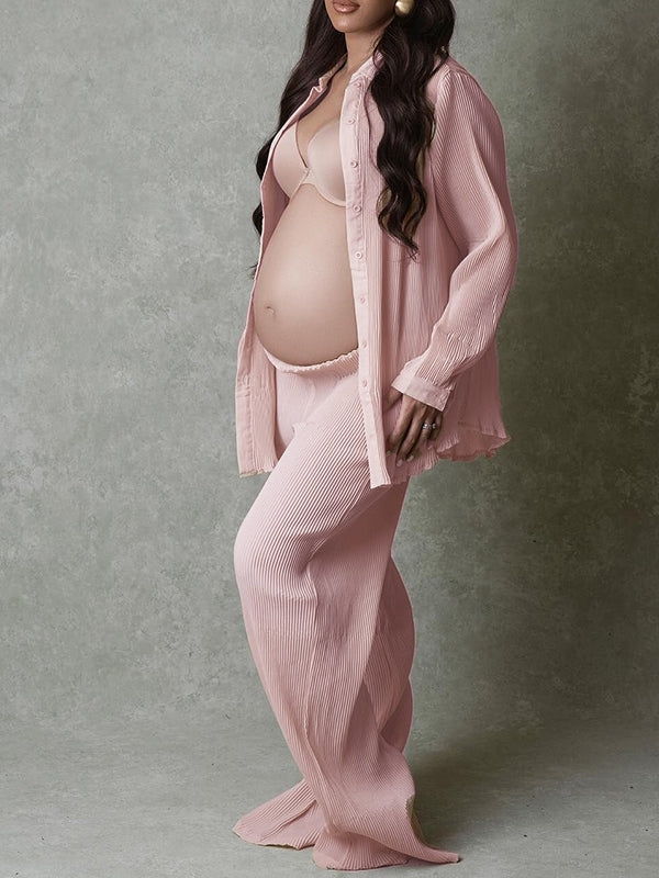 Momyknows Solid Color Pleated Crop Blouses And Wide Leg Pants Chic Going Out Casual Maternity Photoshoot Baby Shower Outfit