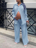Momyknows Solid Color Pleated Crop Blouses And Wide Leg Pants Chic Going Out Casual Maternity Photoshoot Baby Shower Outfit