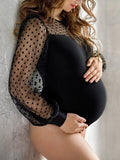 Momyknows Chic Elegant Black Polka Dot Chiffon Grenadine Transparent Bodycon Pregnancy Photoshoot Bodysuit Maternity Jumpsuit