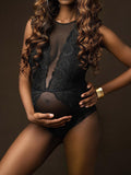 Momyknows Elegant Black Lace Grenadine Transparent Bodycon Pregnancy Photoshoot Bodysuit Maternity Jumpsuit