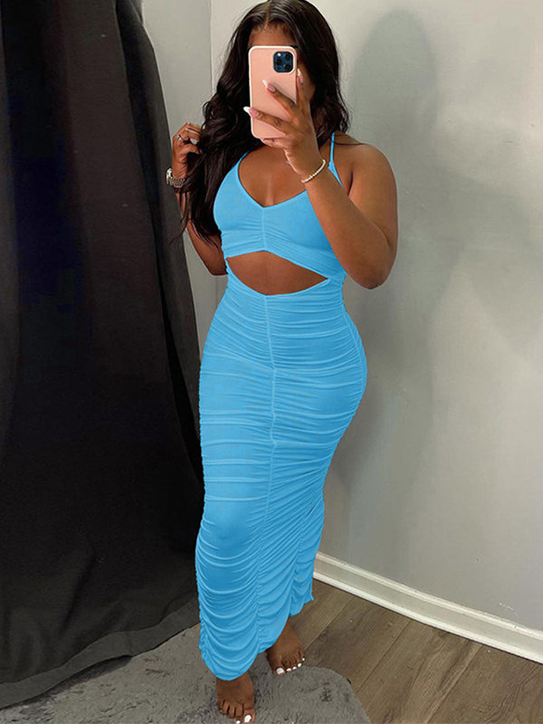 Momyknows Blue Cut Out Backless Slit Spaghetti Strap Ruched Bodycon Party Maxi Dress