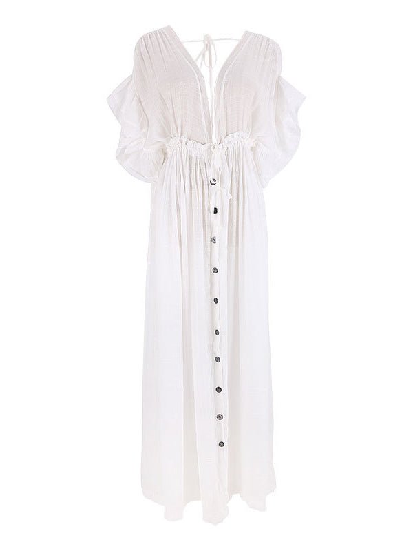 Momyknows White Deep V Neck Button Down Boho Beach Bikini Cover Up Dress Party Photoshoot Maternity Dress