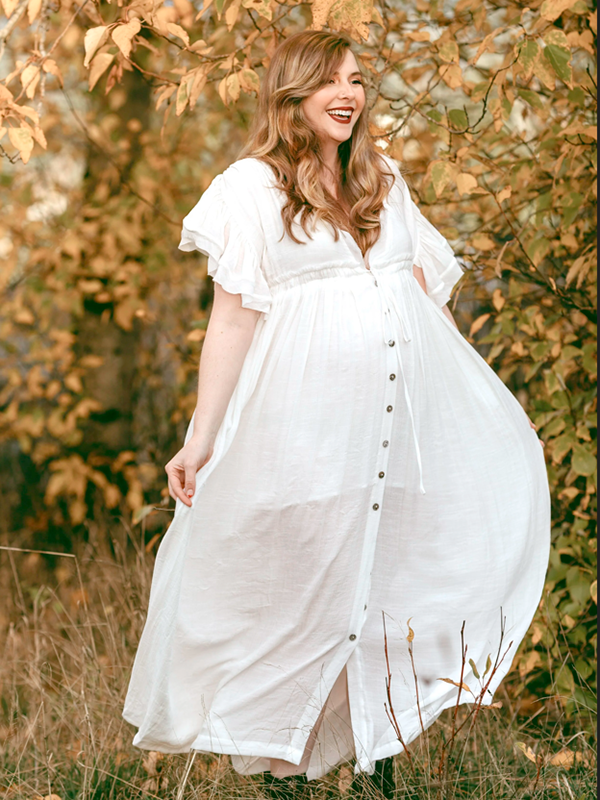 maternity deep v-neck buttons long sleeve ruffled photoshoot dress Harlow Elegant V Neck Ruffles Long Sleeve Maternity Dress for Photosho