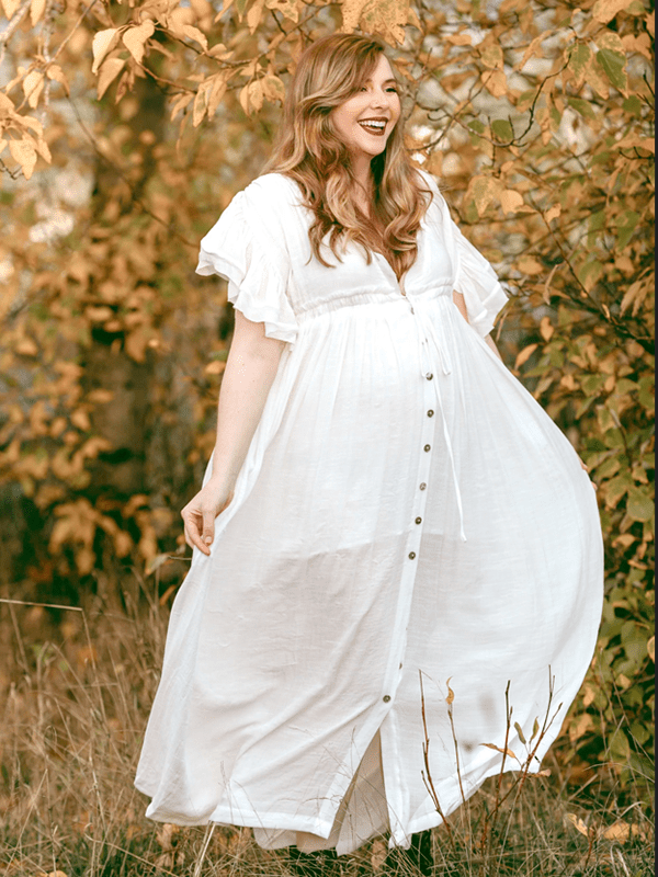 Momyknows White Deep V Neck Button Down Boho Beach Bikini Cover Up Dress Party Photoshoot Maternity Dress