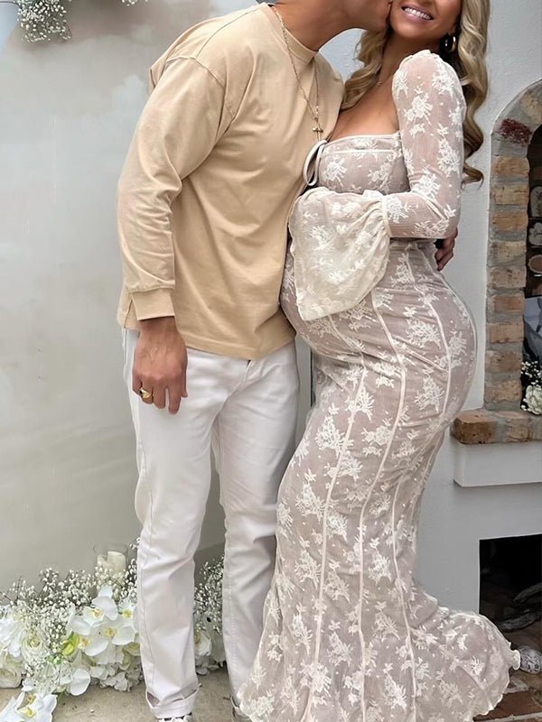 Momyknows White Lace Corset Square Neck Flare Sleeve Off Shoulder Bodycon Elegant Cocktail Party Maternity Photoshoot Baby Shower Maxi Dress, White